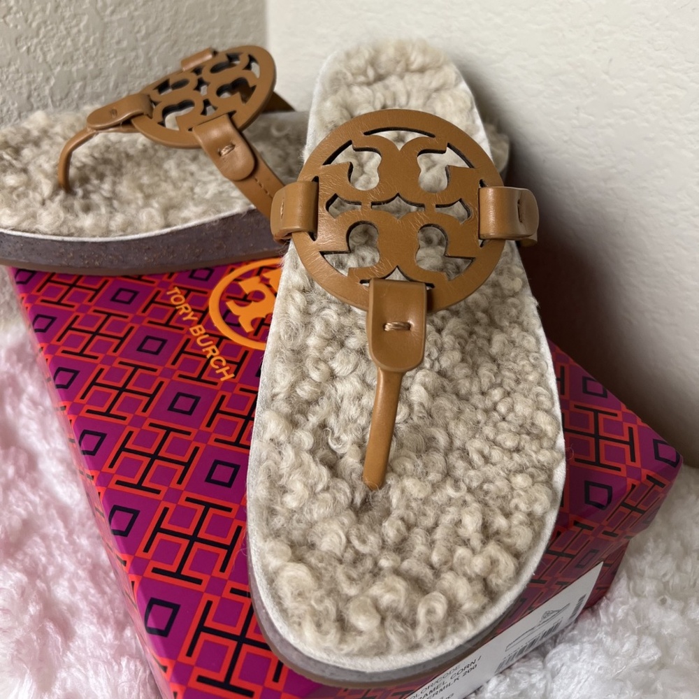 Tory Burch Leather Fur Trim Shearling Slides Women's Size: 8 | US 8